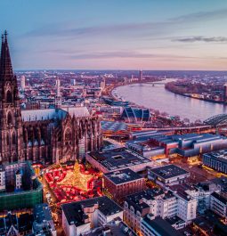 Cologne Germany Christmas market, aerial drone view over Cologne rhine river Germany