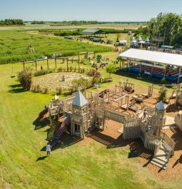 Overhead view corn maze and wooden playground