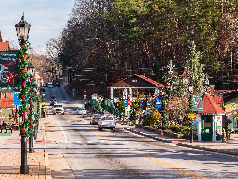 View of the Main street with Christmas decorations in Helen