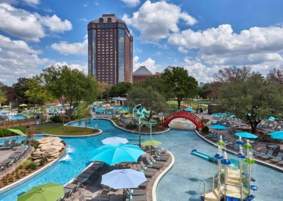 pool with lazy river and water slides