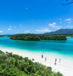 clear blue lagoon water sandy beach