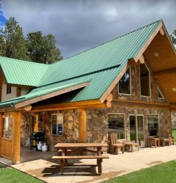 Exterior of cabin with outside seating