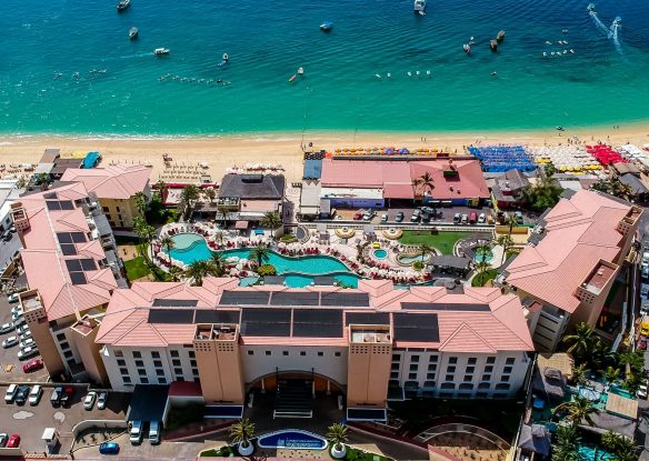 aerial view over Casa Dorada and beach