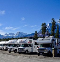 Campers lined up with mountains in back