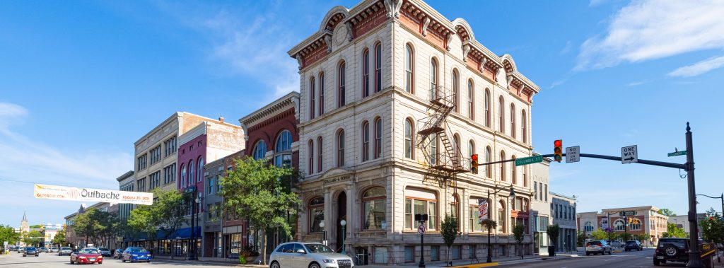 The business district on Columbia Street in Lafayette, Indiana, USA