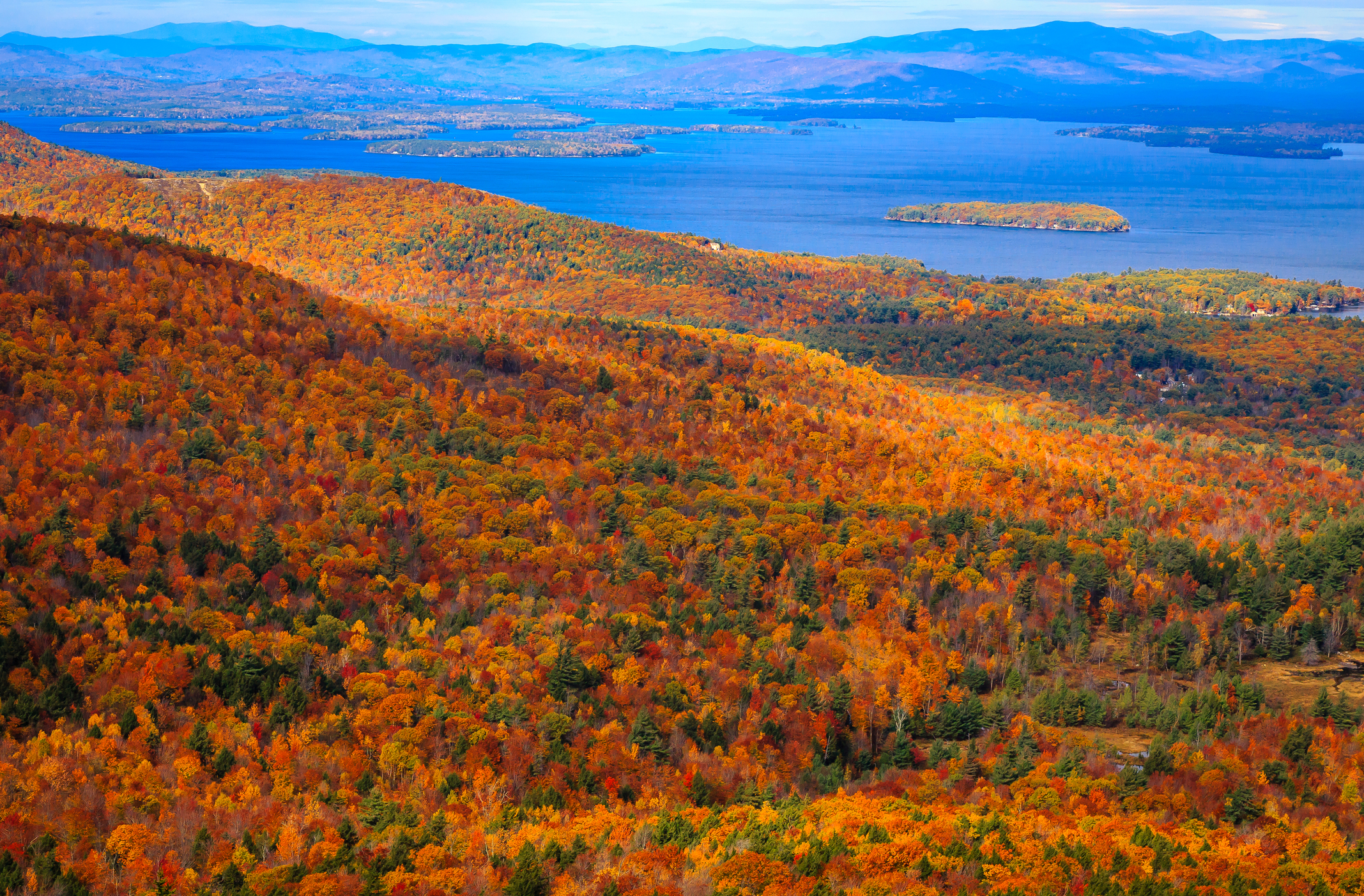 Fall colors and Lake Winnipesaukee from atop Mount Major in New Hampshire